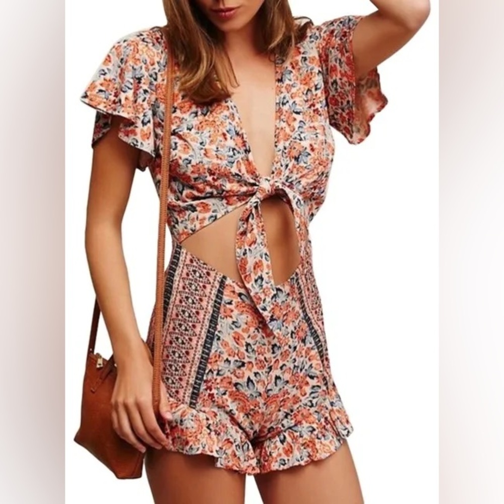 RARE Free People Orange Floral Cutout Romper Size 2